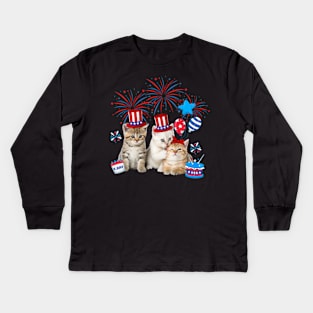 Independence Three Cat Happy 4th Of July US Flag Patriotic Cats Kids Long Sleeve T-Shirt